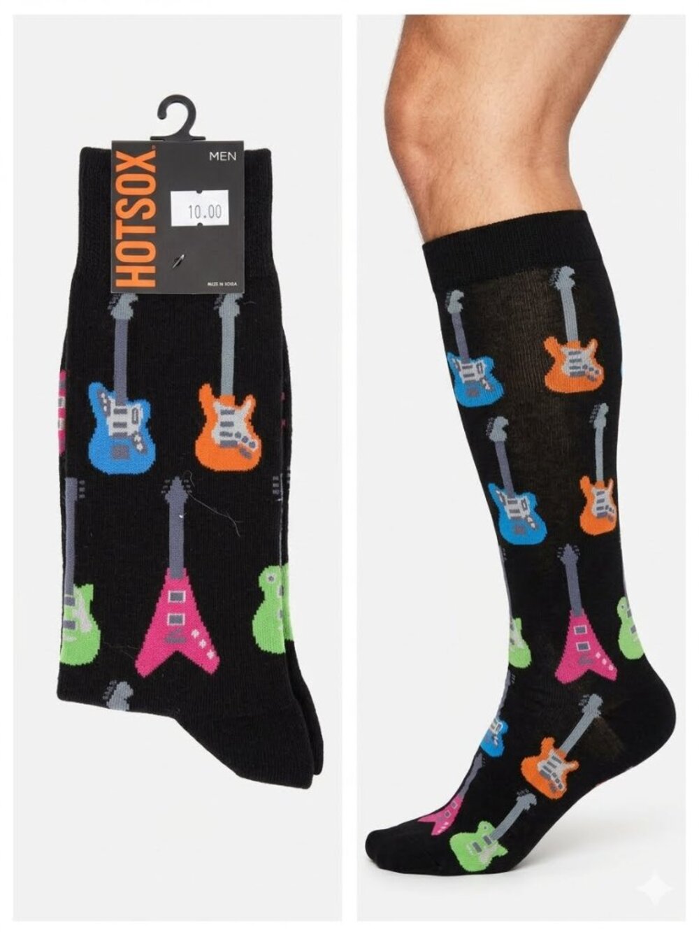 HOTSOX Men's Guitar Crew Socks Black Novelty Size 6-12.5 Fathers Day Fun Gift